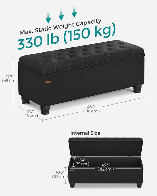 Executive Black Leather Storage Ottoman Bench 46 Inches