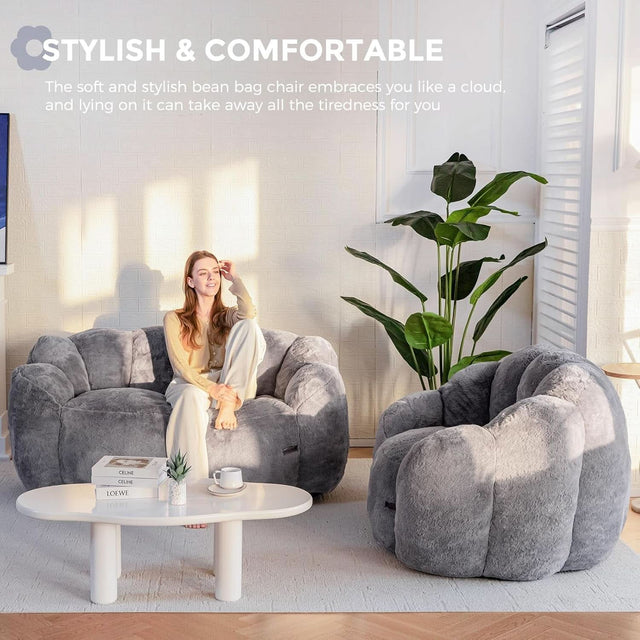 Dark Grey Floral Faux Fur Bean Bag Chair For Adults – Sofa