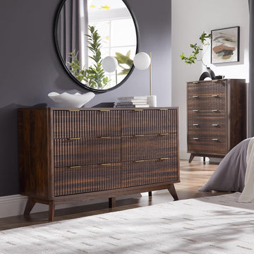 Dark Walnut Contemporary Fluted Six Drawer Dresser
