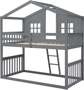 Gray Twin Over Twin House Bunk Bed With Roof For Kids – Storage & Organization