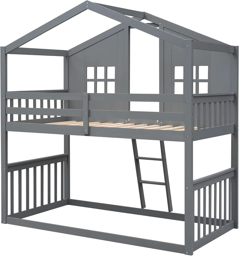 Gray Twin Over Twin House Bunk Bed With Roof For Kids – Storage & Organization