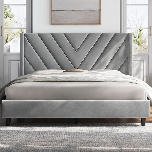 Queen Upholstered Bed Frame With Winged Tufted Headboard Light Gray