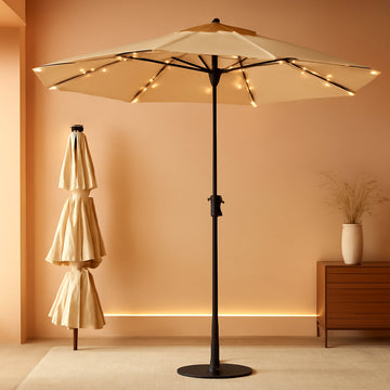 9ft Solar Patio Umbrella Weatherproof LED Lighting
