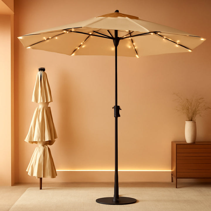 9ft Solar Patio Umbrella Weatherproof LED Lighting