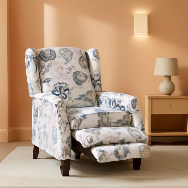Upholstered Wingback Recliner Chair Blue Floral Elegant – General Merchandise