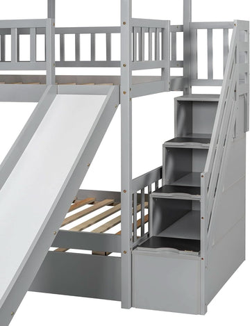 Twin Over Twin Bunk Bed With Slide For Kids Room Decor