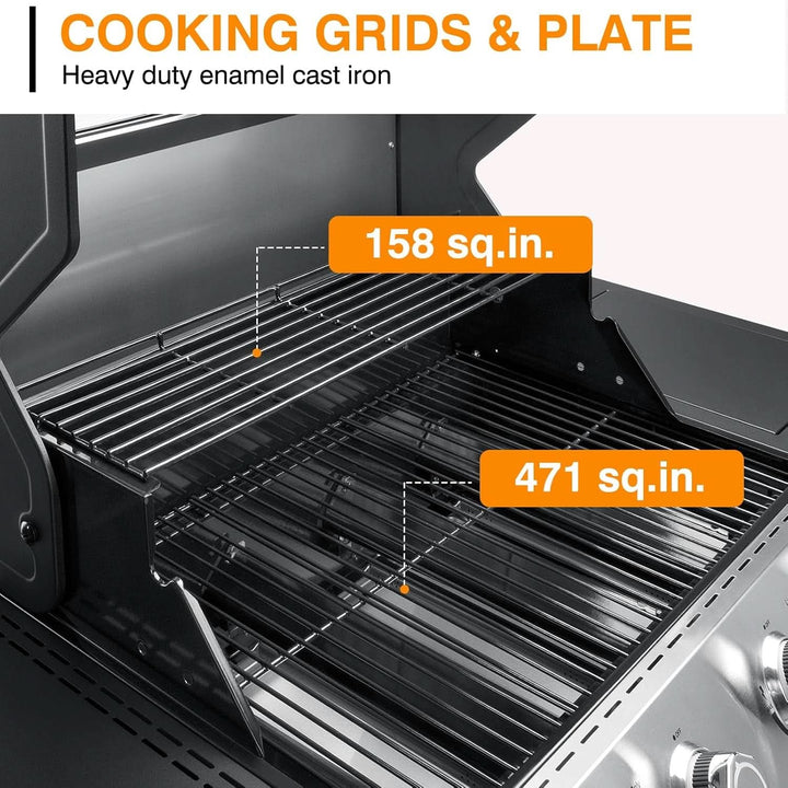 Propane Gas Grill With LED Knobs And Visual Glass Panel Outdoor