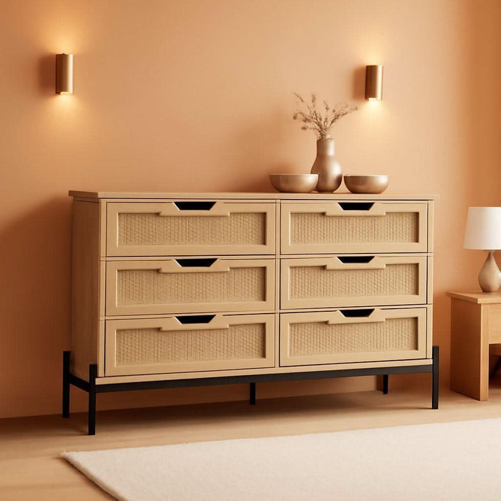 Rattan Open work Braided Chest Of Six Drawers Walnut Finish