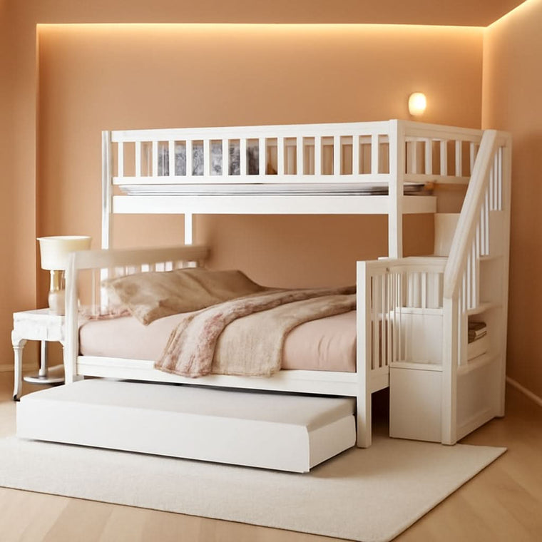 Twin Over Full Bunk Bed With Stairs And Trundle White Wood
