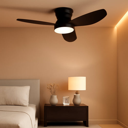 32 Inch Flush Mount Ceiling Fan With Remote Dimmable LED Light Timer