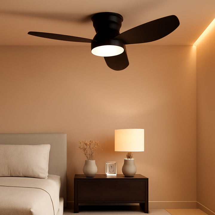 32 Inch Flush Mount Ceiling Fan With Remote Dimmable LED Light Timer