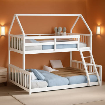 Solid Wood Twin Over Full Bunk Bed White With Guardrails