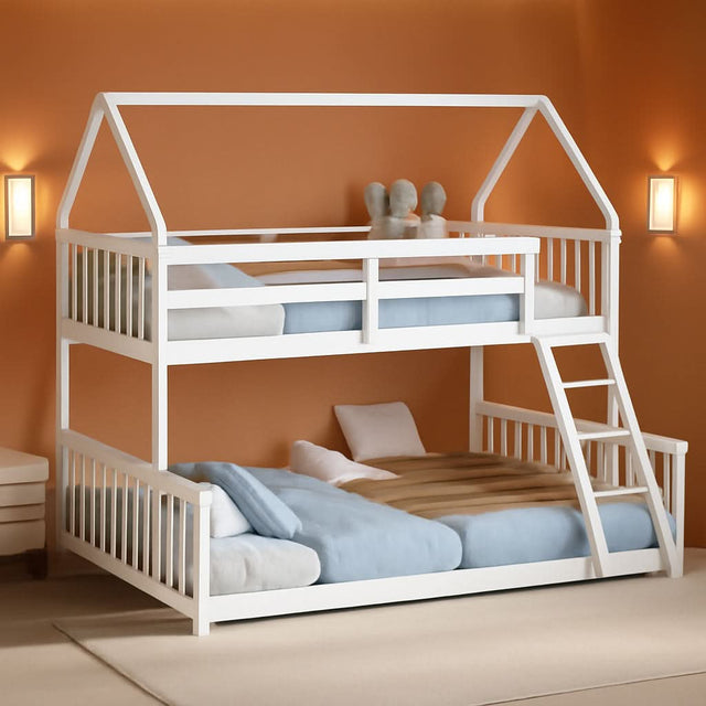 Solid Wood Twin Over Full Bunk Bed White With Guardrails