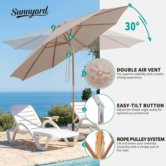 9–10 ft Bamboo Patio Umbrella with UPF 50+ Tilt Shade