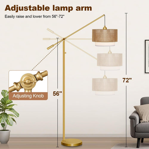 Stepless Dimmable Arc Floor Lamp Gold Finish Rattan Shade Farmhouse