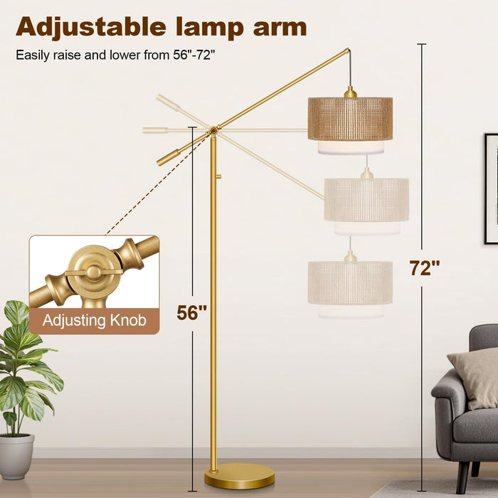Stepless Dimmable Arc Floor Lamp Gold Finish Rattan Shade Farmhouse