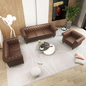 3 Piece Chesterfield Leather Sofa Set With Rolled Arms And Nailhead Trim Modern Brown Living Room Set