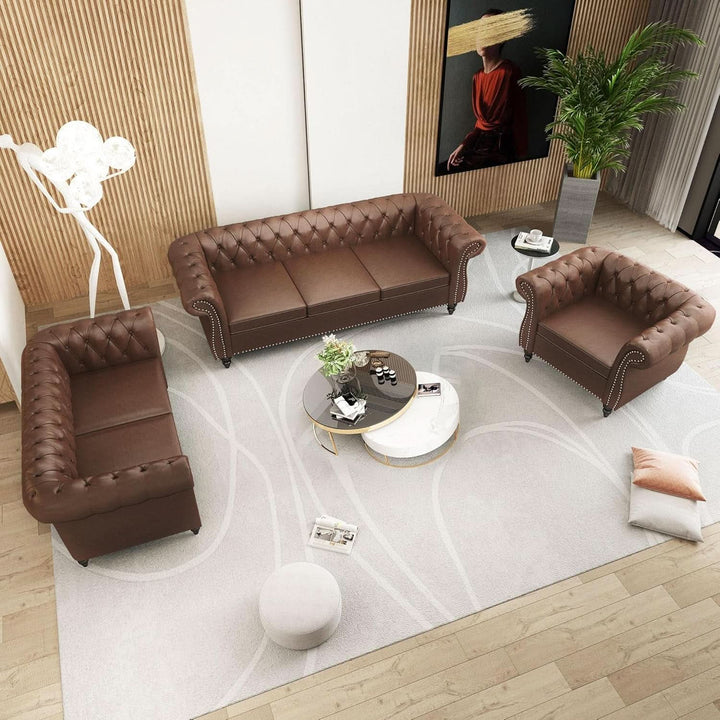 3 Piece Chesterfield Leather Sofa Set With Rolled Arms And Nailhead Trim Modern Brown Living Room Set