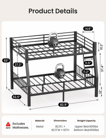 Full XL Over Queen Bunk Bed Black Heavy Duty Steel Frame