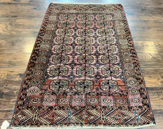 Persian Turkoman Rug 4x6, Wool Hand Knotted Antique Bokhara Carpet, Red Pink