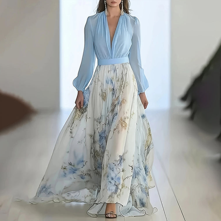 Women's Deep V-Neck Floral Print Boho Maxi Dress With Long Sleeves - A-Line Waist Ruffle Hem Dress For Spring&Summer Vacation