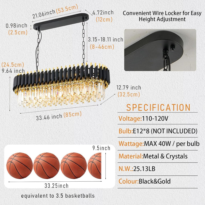 Elegant Black Gold Crystal Chandelier 33-Inch