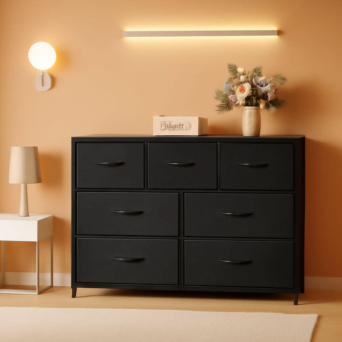 7 Drawer Dresser With Deep Storage And Wood Top Finish