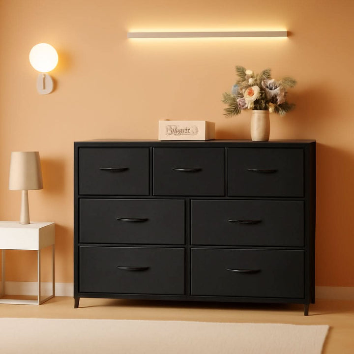 7 Drawer Dresser With Deep Storage And Wood Top Finish
