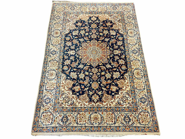 Persian Isfahan Rug 4x5, Navy Blue & Ivory, Wool and Silk Highlights