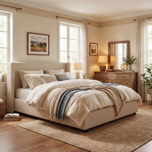 Queen Size Upholstered Platform Bed Frame with Storage Drawers