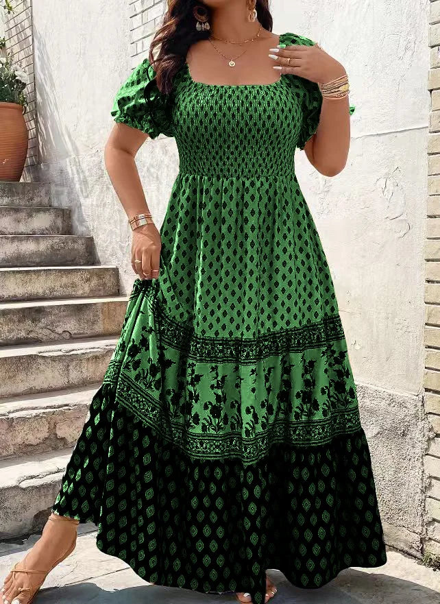 Women's Bohemian Short Sleeve Smocked Dress Floral Print Boho Holiday Sundress