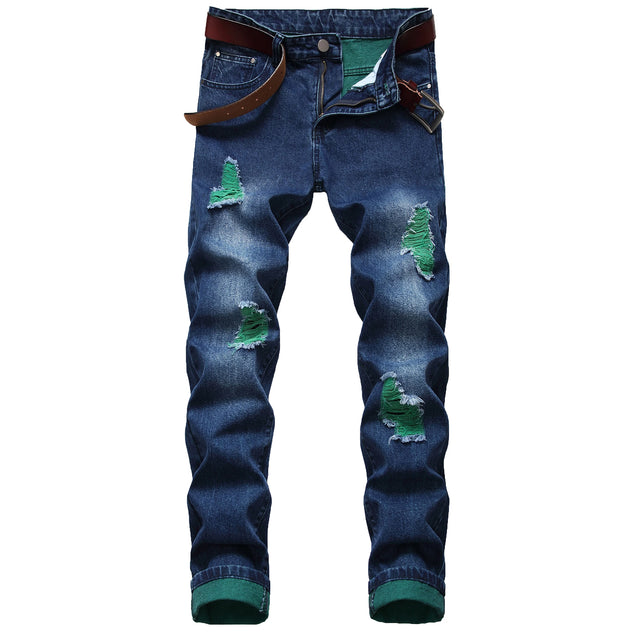 Men's blue fashion ripped jeans, classic ripped green slim fit jeans 509D