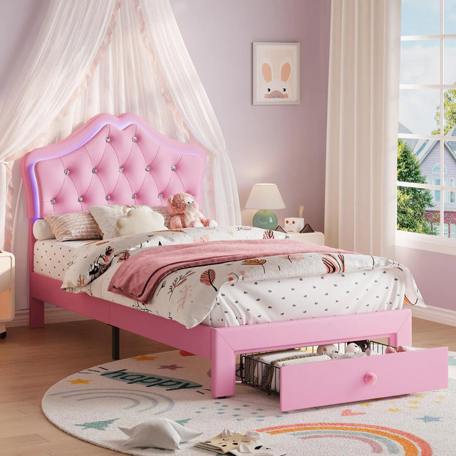 LED Twin Bed Frame for Kids with Beauty Crystal Button Headboard