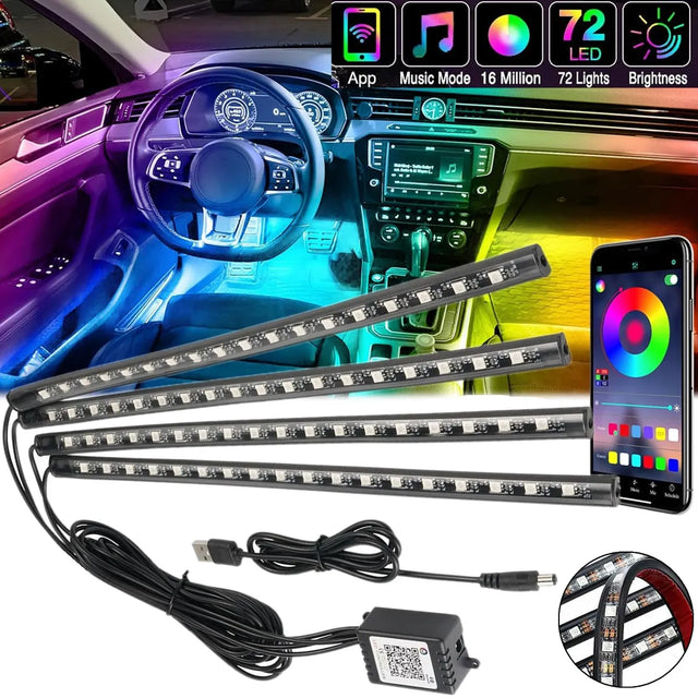 4-Piece RGB LED Car Interior Ambient Light Kit with App & Music Sync