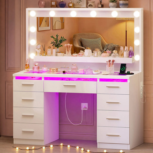 Makeup Vanity Desk with RGB LED Lighted Mirror & Charging Station