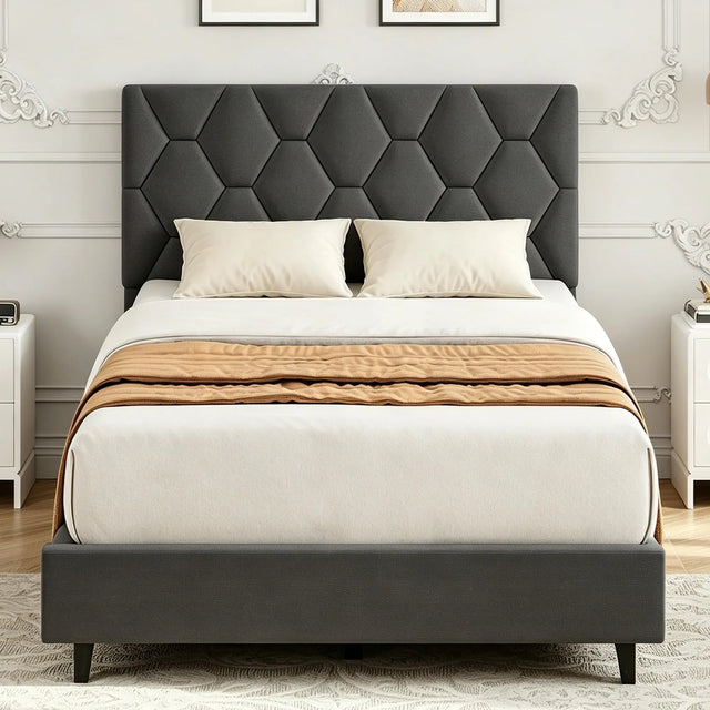 Twin Bed Frames with Upholstered Adjustable Headboard, Grey Platform Bed Frame