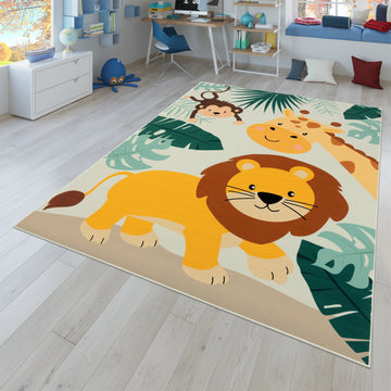 Kids Rug Lilo Jungle Animal Play Mat with Lion Giraffe Monkey in Beige – Rugs