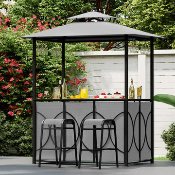 6.5 x 4 x 8 FT Grill Gazebo Set with 2 Bar Stools and Bar Table-Brown