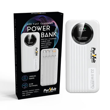 Pursonic 10,000mAh LED Fast Charging Power Bank – Built-in Cables, 22.5W Output, Type-C/USB/Lightning Compatibility