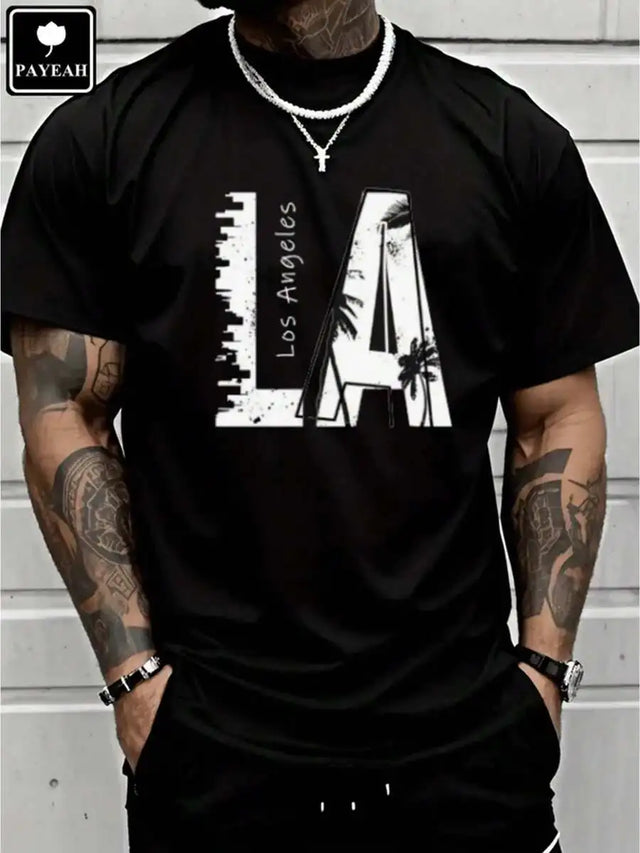 Men's Clothing Los Angeles Pattern Print Black T-Shirt Unisex Casual Round Neck T-Shirt