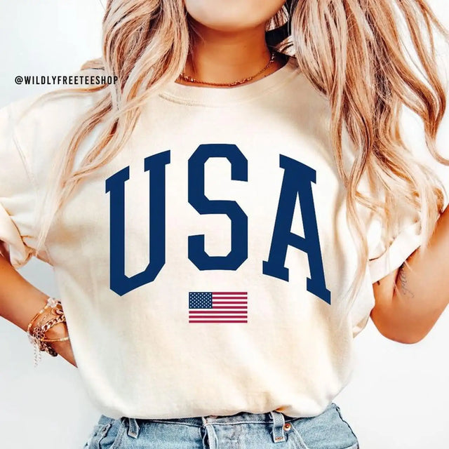 American Flag Pattern Crew Neck T-Shirt, July 4Th Independence Day Theme, Off-White Color