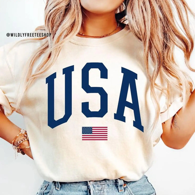 American Flag Pattern Crew Neck T-Shirt, July 4Th Independence Day Theme, Off-White Color