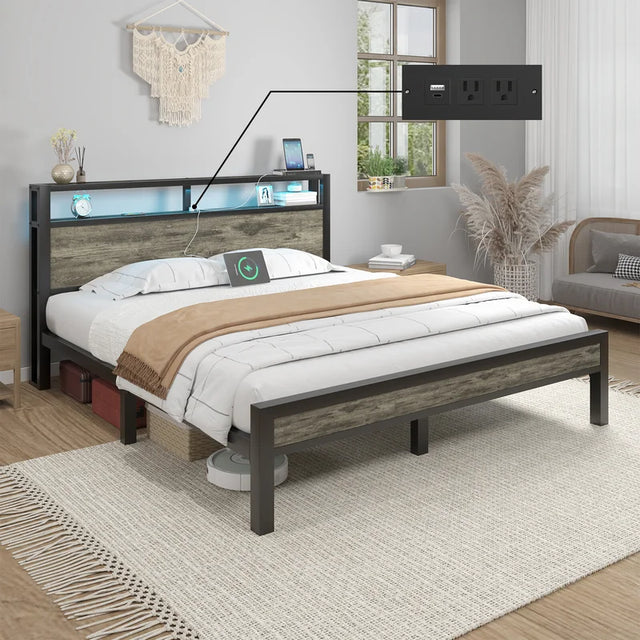 Metal Bed Frame Full/Queen/King Size with Storage Headboard and Charging Station/Gray
