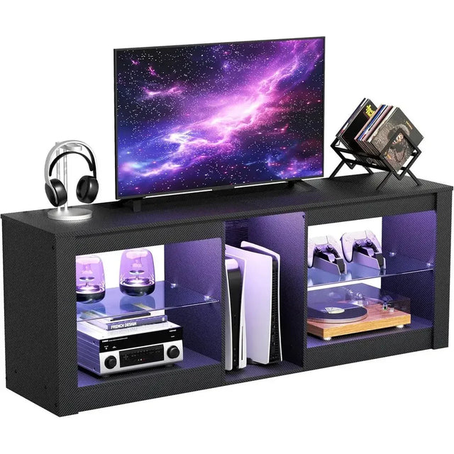 LED TV Stand for 50-65 Inch TVs: Entertainment Center with Lighting, Glass Shelves