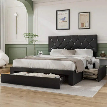 Modern Faux Leather Queen Bed Frame With Storage Drawers, Adjustable Headboard