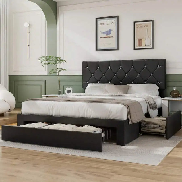 Modern Faux Leather Queen Bed Frame With Storage Drawers, Adjustable Headboard