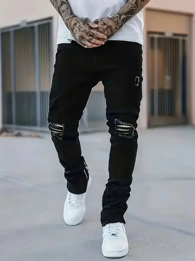 Men's Slim Fit Black Jeans - Street Style, Cotton Blend, Mid-Stretch Fabric