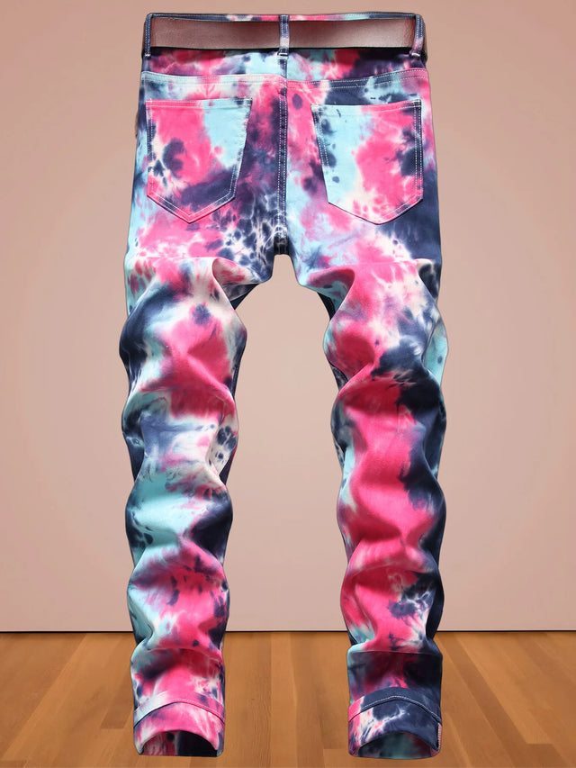 Europe and America wind men's high street jeans tie-dyed red and blue contrast elastic street