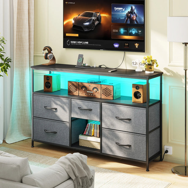 5-Drawer TV Console with LED Accent Lights - 45/50" Compatible, Metal Frame, Leveling Feet