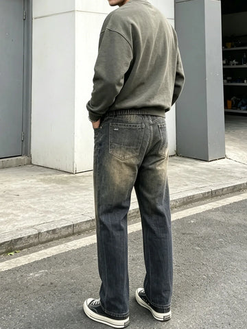 Men's Vintage Washed Denim Pants, Elastic Waistband Straight-Leg Jeans For Men